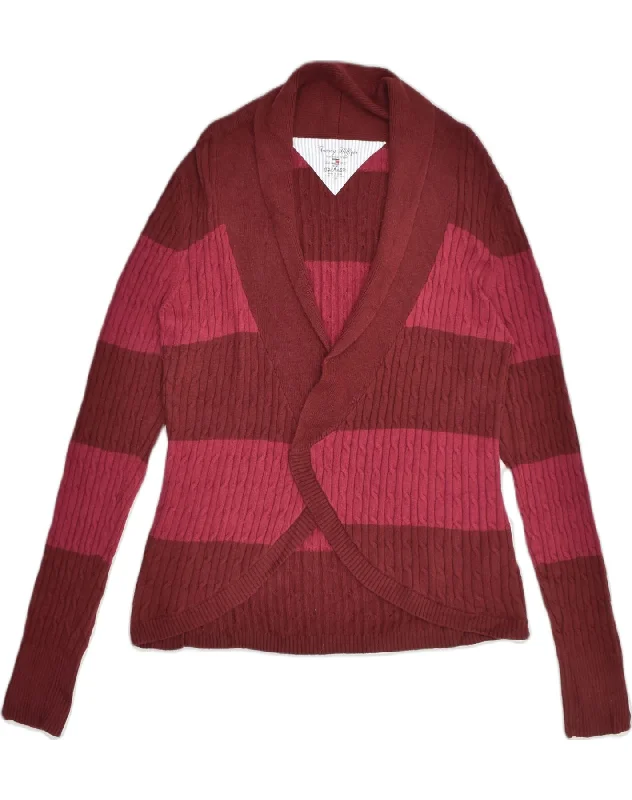 TOMMY HILFIGER Womens Slim Fit Cardigan Sweater UK 14 Large Maroon Striped Front Pockets Side Pockets Patch Pockets