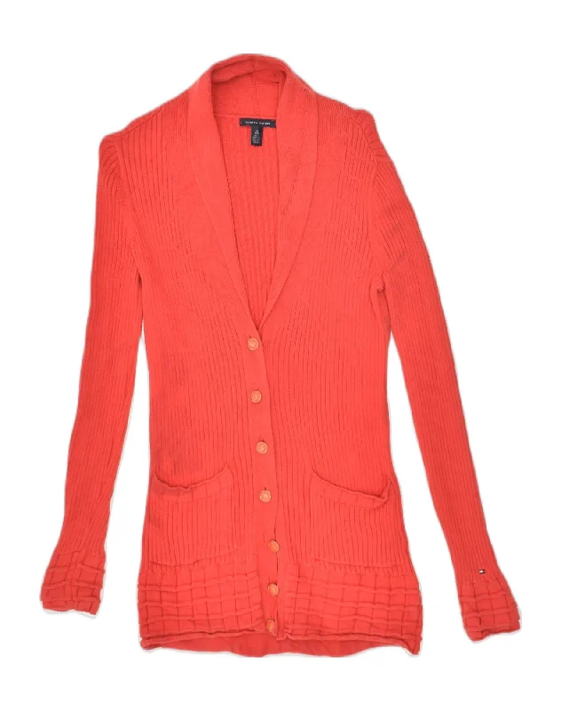 TOMMY HILFIGER Womens Tall Cardigan Sweater UK 6 XS Red Cotton Seamless Knitted Crochet