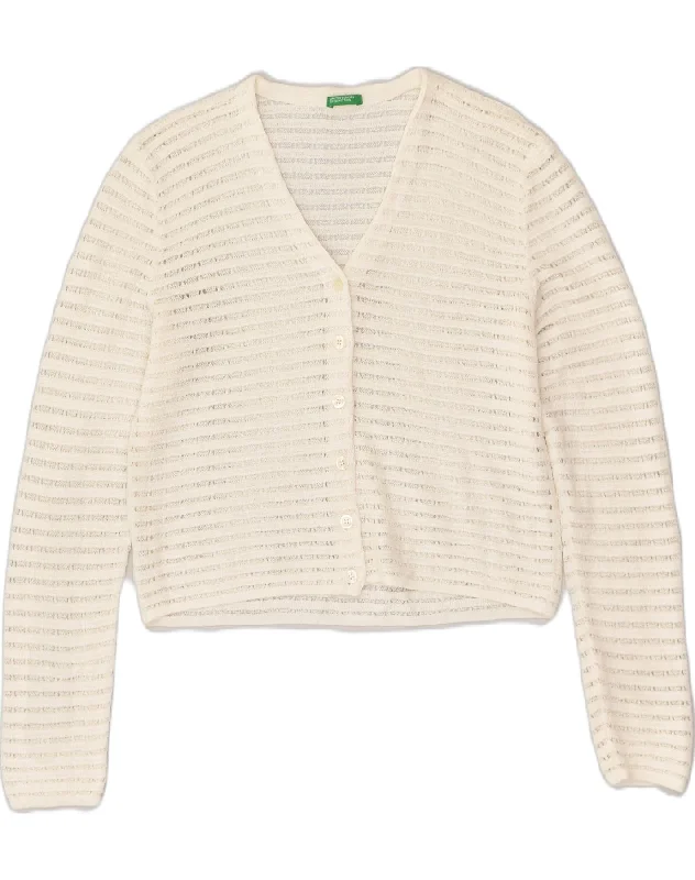 UNITED COLORS OF BENETTON Womens Cardigan Sweater UK 12 Medium White Chenille Fabric Brocade Fabric Lace Fabric