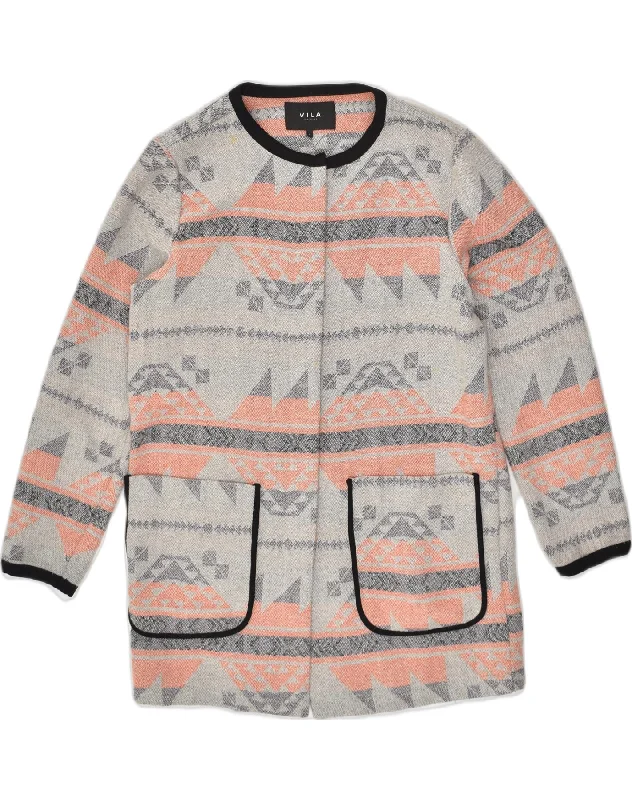 VILA Womens Cardigan Sweater UK 16 Large Grey Geometric Polyester Aztec Denim Fabric Leather Fabric Suede Fabric
