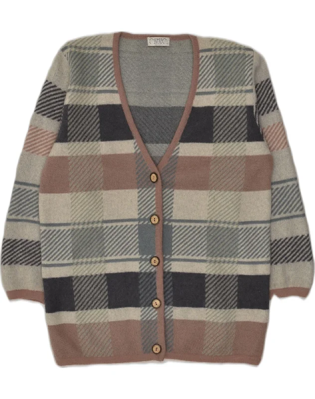 VINTAGE Womens Cardigan Sweater EU 46 XL Grey Check Mohair Slim Fit Regular Fit Oversized