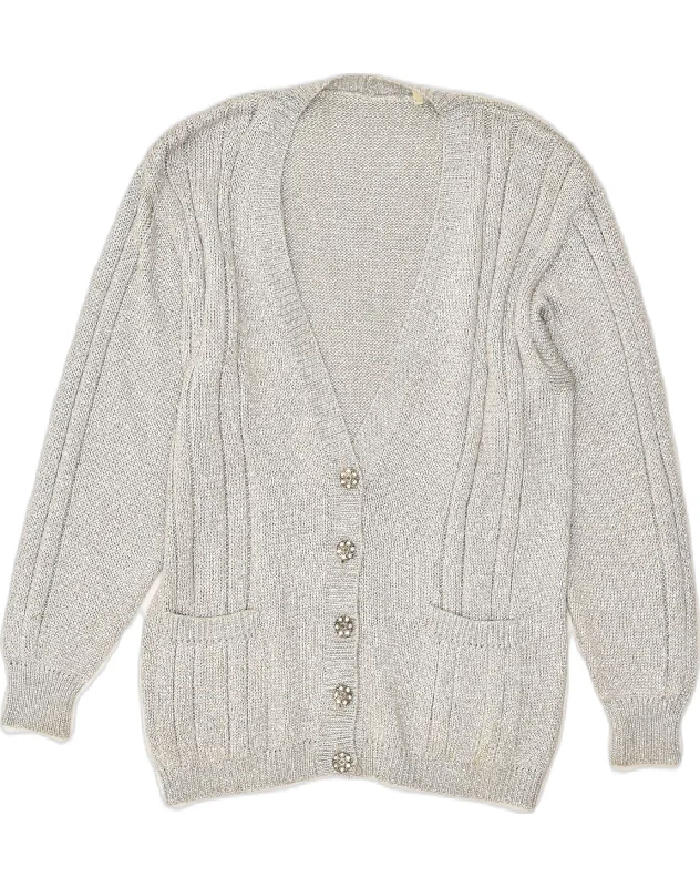 VINTAGE Womens Cardigan Sweater IT 44 Medium Grey Cupro Real Fur Shearling Chenille