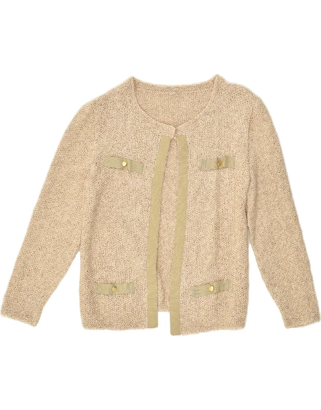 VINTAGE Womens Cardigan Sweater UK 12 Medium Beige Print Jacquard Patchwork