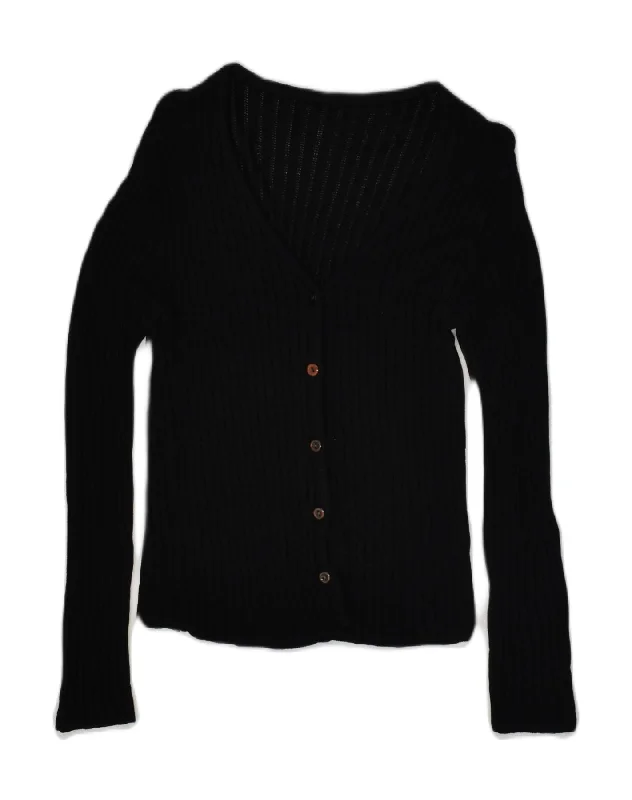 VINTAGE Womens Cardigan Sweater UK 12 Medium Black Viscose Cable Knit Ribbed Knit Lace Knit