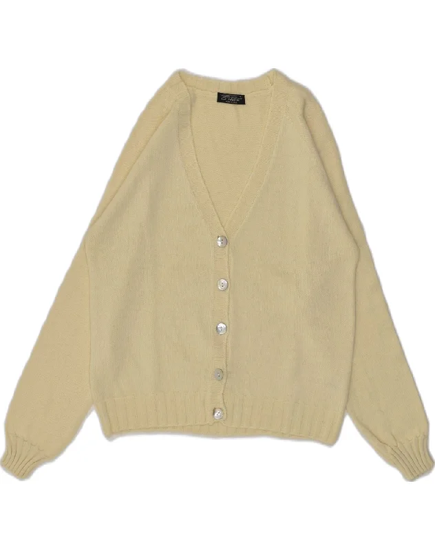 VINTAGE Womens Cardigan Sweater UK 14 Large Beige Merino Wool Herringbone Houndstooth Plaid