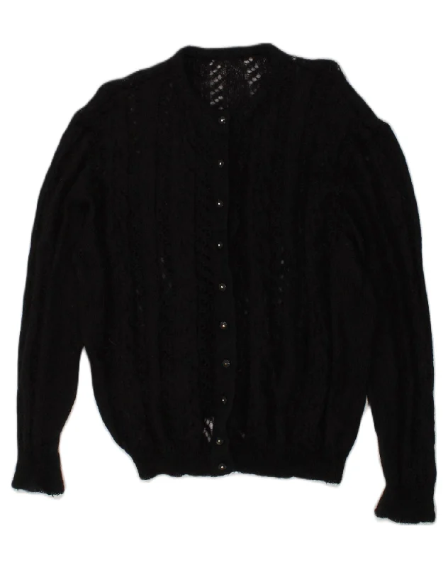 VINTAGE Womens Cardigan Sweater UK 14 Large Black Handmade Hand-knitted Hand-woven