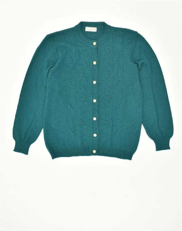 VINTAGE Womens Cardigan Sweater UK 14 Large Blue Virgin Wool Slim Fit Regular Fit Oversized