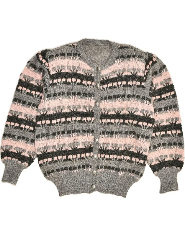 VINTAGE Womens Cardigan Sweater UK 14 Large Grey Striped Velvet Chenille Corduroy