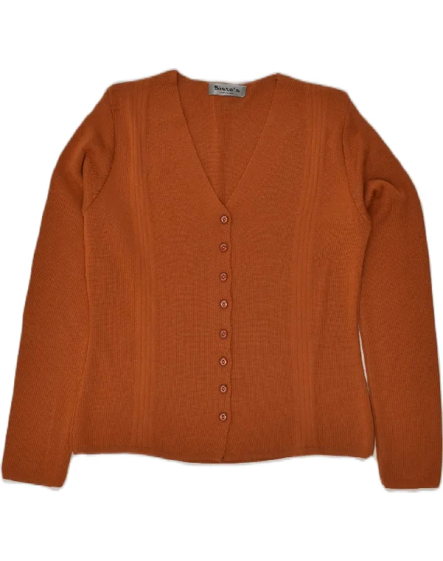 VINTAGE Womens Cardigan Sweater UK 14 Medium Brown Merino Wool Boat Neck Shawl Collar Notched Collar