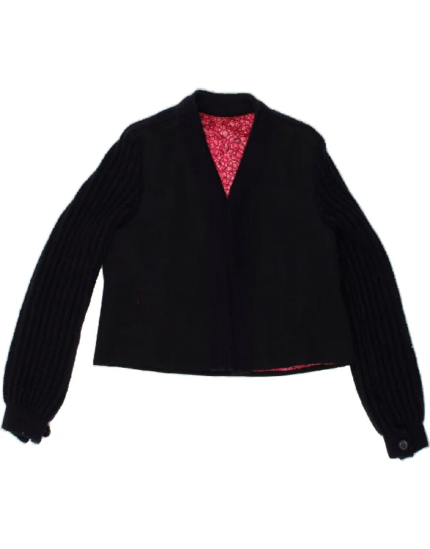 VINTAGE Womens Cardigan Sweater UK 14 Medium Navy Blue Knit Fabric Woven Fabric Fleece Fabric