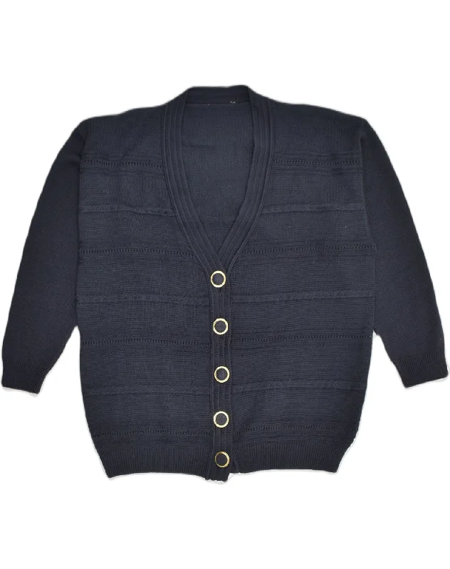 VINTAGE Womens Cardigan Sweater UK 16 Large Navy Blue Acrylic Cable Knit Ribbed Knit Lace Knit
