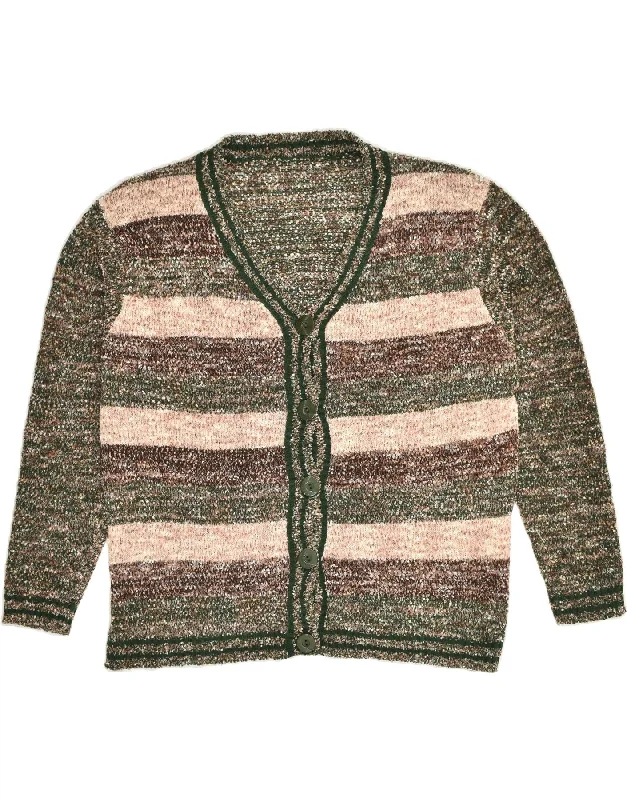 VINTAGE Womens Cardigan Sweater UK 18 XL Green Striped Wool Cashmere Blend Cotton Blend Poly Blend