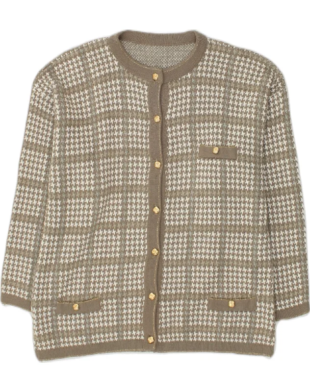 VINTAGE Womens Cardigan Sweater UK 18 XL Grey Houndstooth Hooded Cardigan Collared Cardigan Shawl Collar
