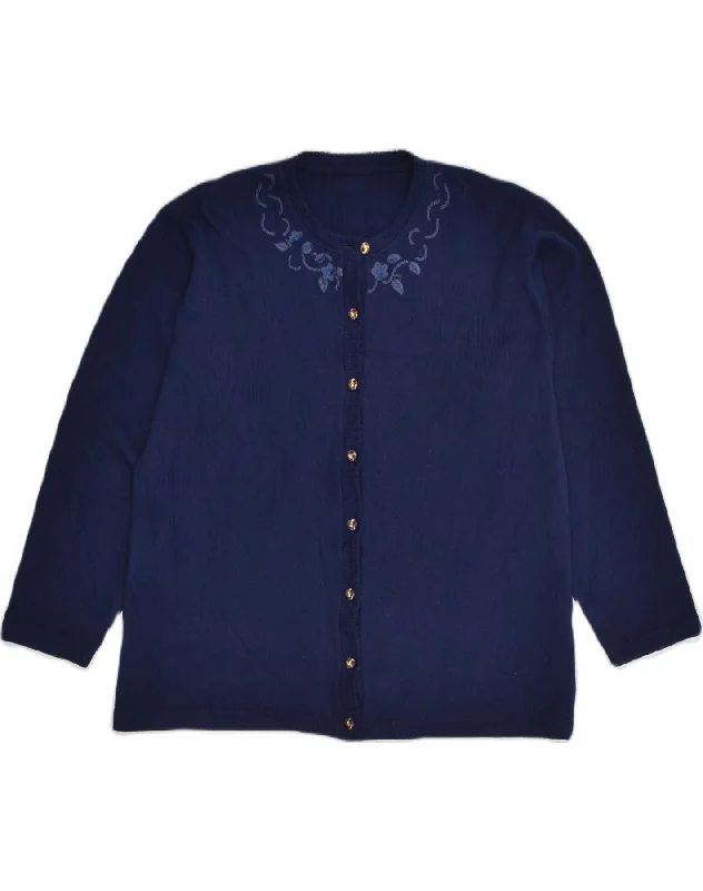 VINTAGE Womens Cardigan Sweater UK 18 XL Navy Blue Wool Cotton Fabric Linen Fabric Terry Fabric