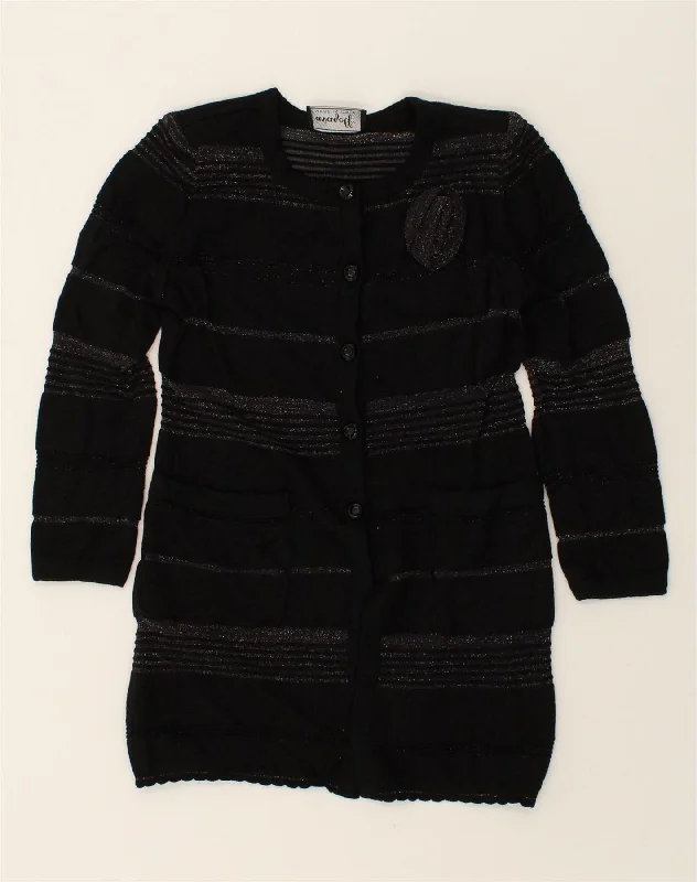 VINTAGE Womens Cardigan Sweater UK 8 Small Black Striped Chenille Blend Fleece Blend Nylon Blend