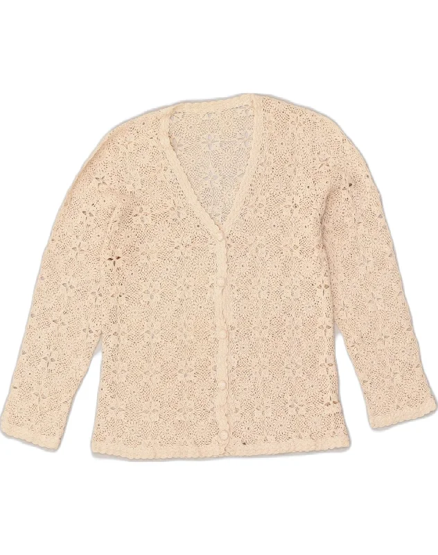 VINTAGE Womens Crochet Cardigan Sweater UK 8 Small Beige Fleece Fabric Down Fabric Feather Fabric