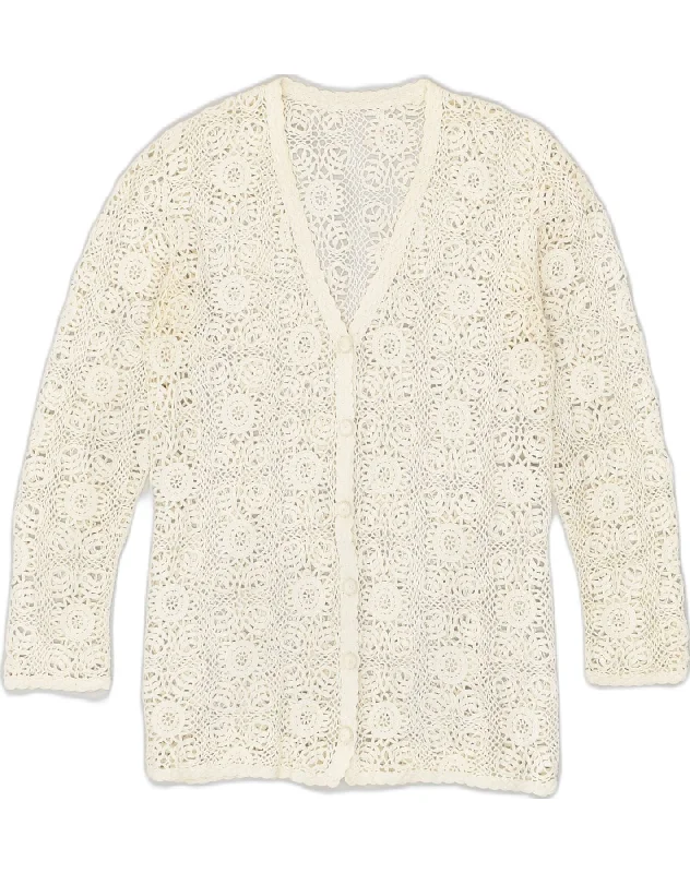 VINTAGE Womens Crochet Cardigan Sweater UK 8 Small Off White Cotton Fabric Linen Fabric Terry Fabric
