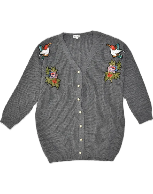 VINTAGE Womens Graphic Cardigan Sweater UK 10 Small Grey Floral Wool Toggled Drawstring Belted