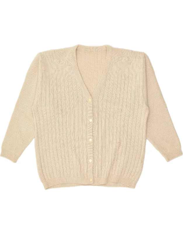 VINTAGE Womens Loose Fit Cardigan Sweater UK 14 Medium Beige Wool Chenille Blend Fleece Blend Nylon Blend