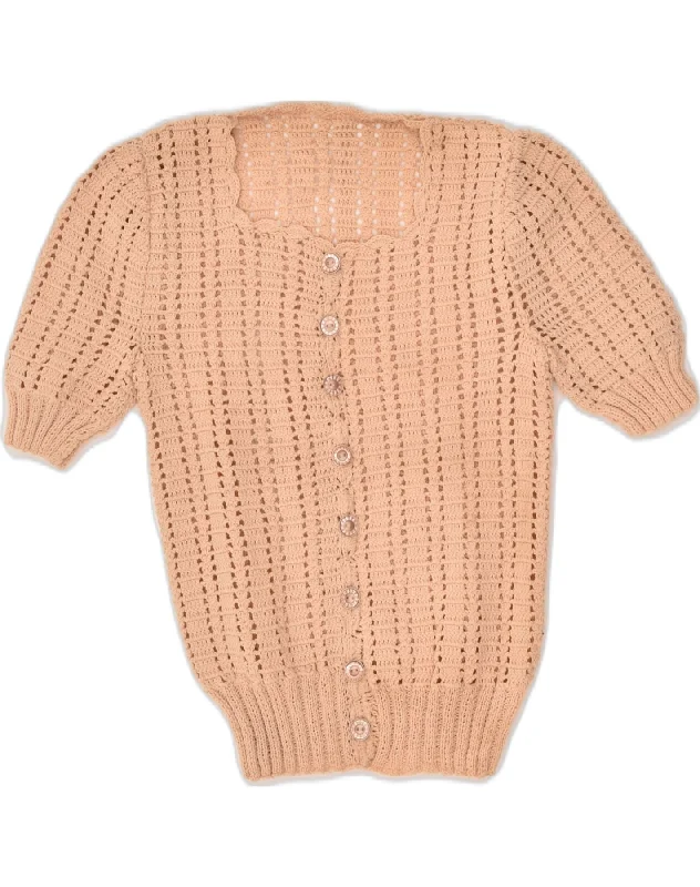 VINTAGE Womens See Through 1/2 Sleeve Cardigan Sweater UK 4 XS Beige Fitted Slim Tailored