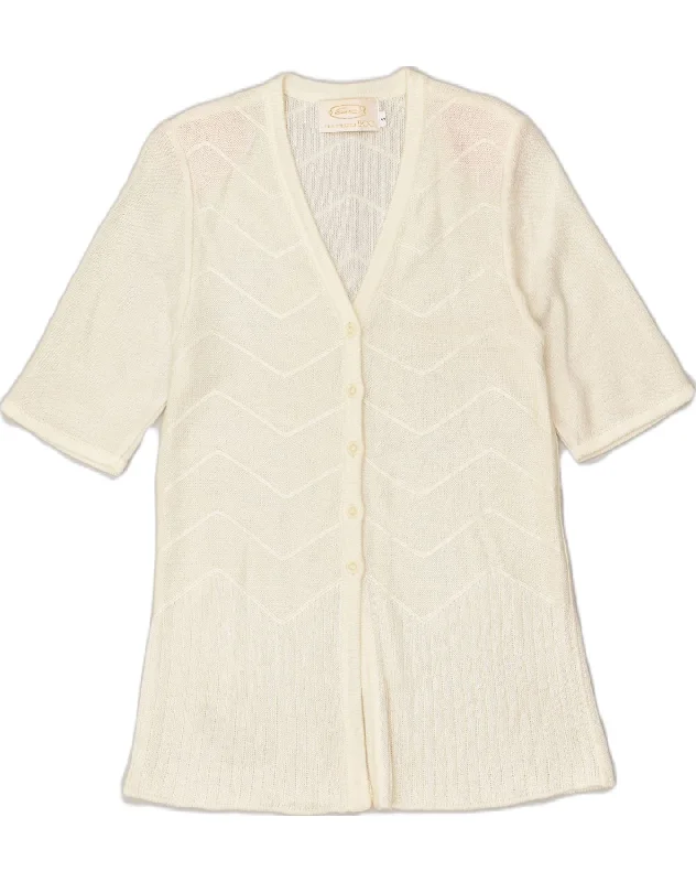 VINTAGE Womens Short Sleeve Cardigan Sweater UK 10 Small Off White Cotton Notch Collar Peter Pan Collar Cowl Neck