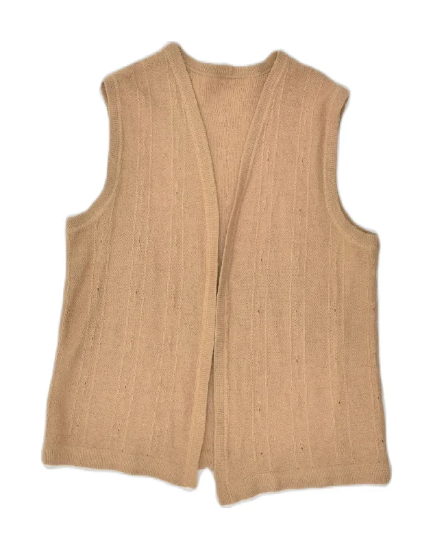 VINTAGE Womens Sleeveless Cardigan Sweater UK 14 Medium Beige Solid Color Striped Floral Print