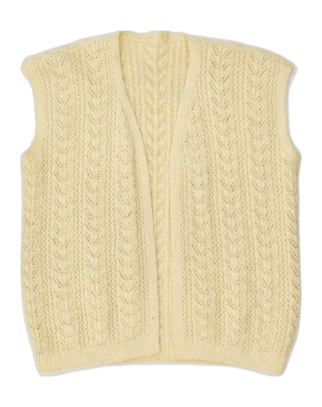 VINTAGE Womens Sleeveless Cardigan Sweater UK 18 XL Off White Print Jacquard Patchwork