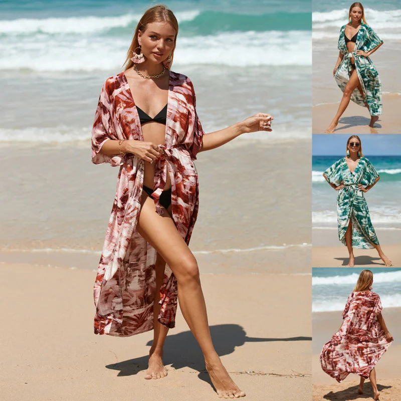 Women'S Sexy Leaves Print V Neck Batwing Sleeves Beach Vacation Loose Waist Tie Cardigan Dress Boxy Cardigan Fitted Cardigan A-Line