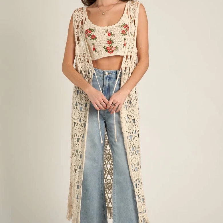 Crochet Open Front Tie Tassel Maxi Cardigan Nylon Fabric Polyester Fabric Spandex Fabric