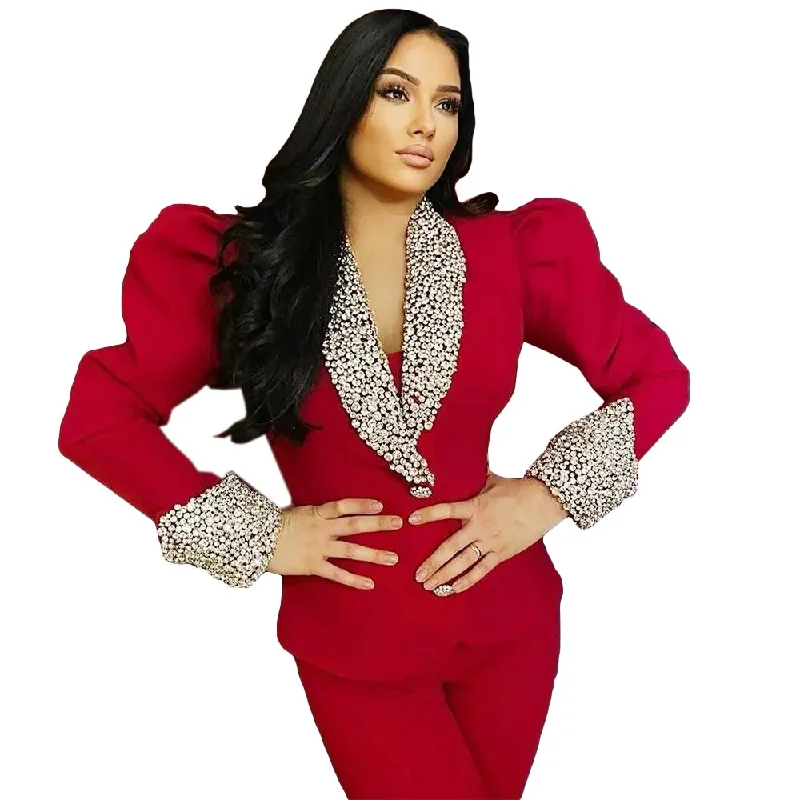 Crystal Rhinestone Mother Of The Bride Pant Suits Evening Party Blazer Suits Women Tuxedos For Wedding 2 Pieces Women's Handmade Blazer