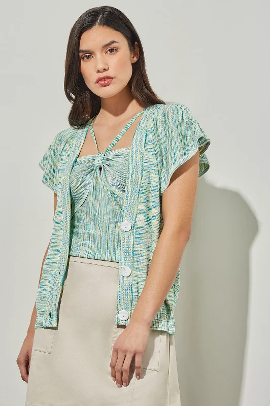 Flutter Sleeve Cardigan - Space Dye Soft Knit Jersey Fabric Tulle Fabric Batik Fabric