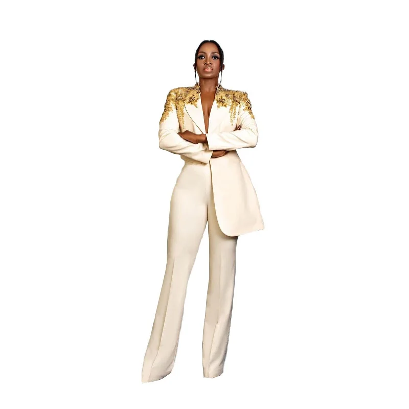 Golden Appliques Mother of the Bride Suits Women Formal Evening Party Work Plus Size Blazer Wear 2 Pieces Women's Classic Blazer