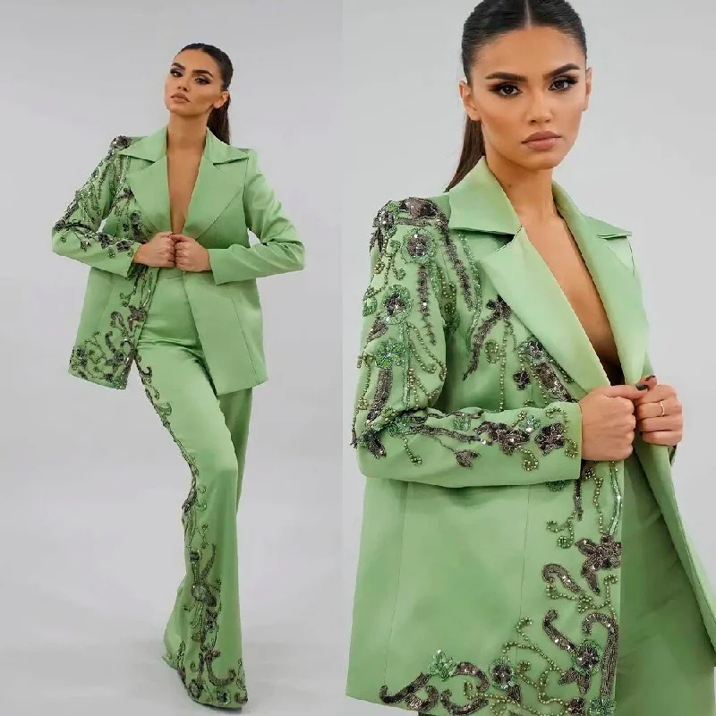 Hand Made Beads Women Blazer Suits Appliques Power Slim Fit Evening Party Formal Outfit Wedding Wear 2 Pieces Women's Classic Blazer