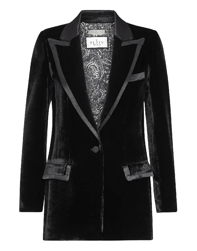 Velvet Boxy Blazer Paisley Bandana Women's Elegant Jacket