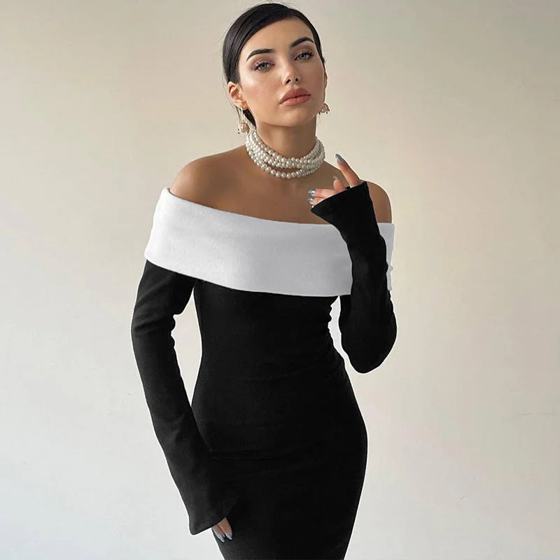 Off-shoulder long-sleeved long dress