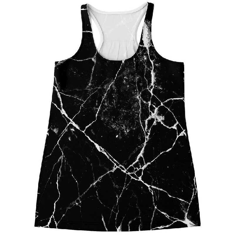 Black White Natural Marble Print Women's Racerback Tank Top athletic tank top