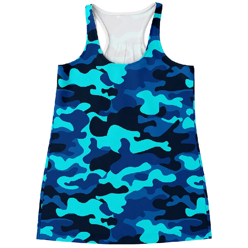 Blue And Black Camouflage Print Women's Racerback Tank Top sequin tank top