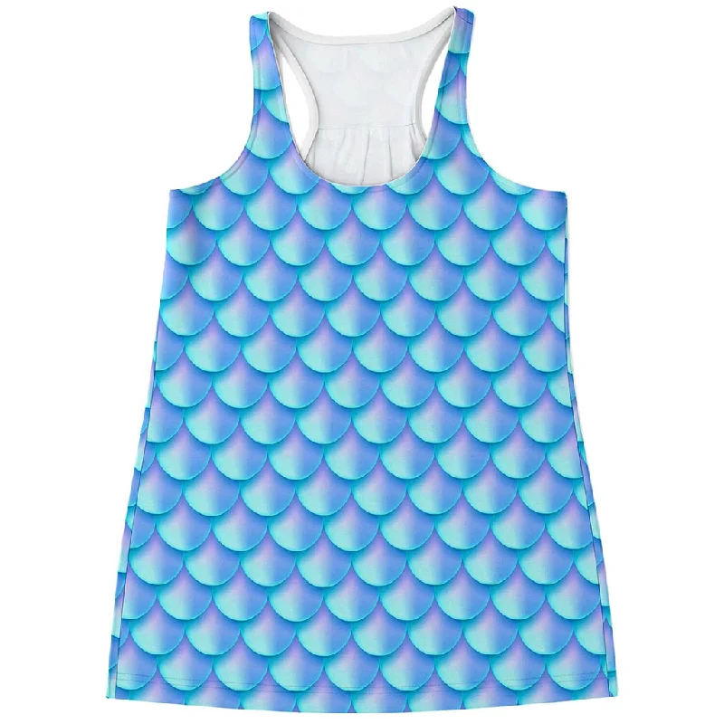Blue Neon Mermaid Scales Pattern Print Women's Racerback Tank Top glitter tank top