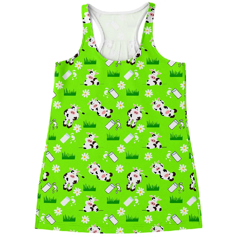 Cartoon Daisy And Cow Pattern Print Women's Racerback Tank Top mint tank top