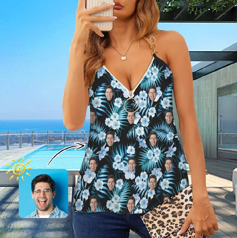 Custom Face Blue Flowers Top Sexy Women's V-Neck Chain Cami Tank Top sheer tank top
