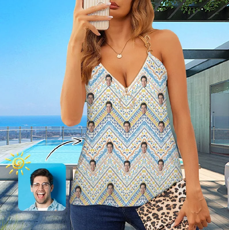 Custom Face Bohemian Style Top Sexy Women's V-Neck Chain Cami Tank Top ivory tank top