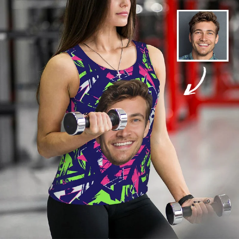Custom Face Graffiti Blue Background Women's Workout Tank Top beige tank top