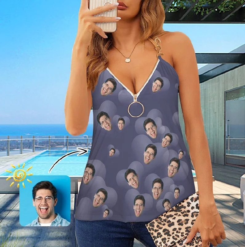 Custom Face Heart Purple Top Sexy Women's V-Neck Chain Cami Tank Top lemon yellow tank