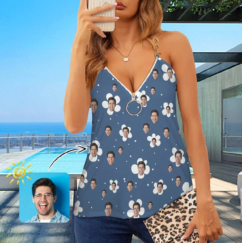 Custom Face White Flower Blue Top Sexy Women's V-Neck Chain Cami Tank Top fashionable tank top