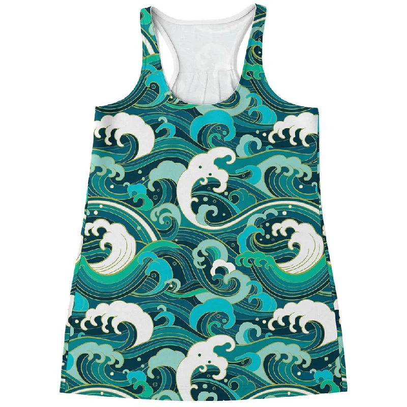 Deep Sea Wave Surfing Pattern Print Women's Racerback Tank Top layering tank top
