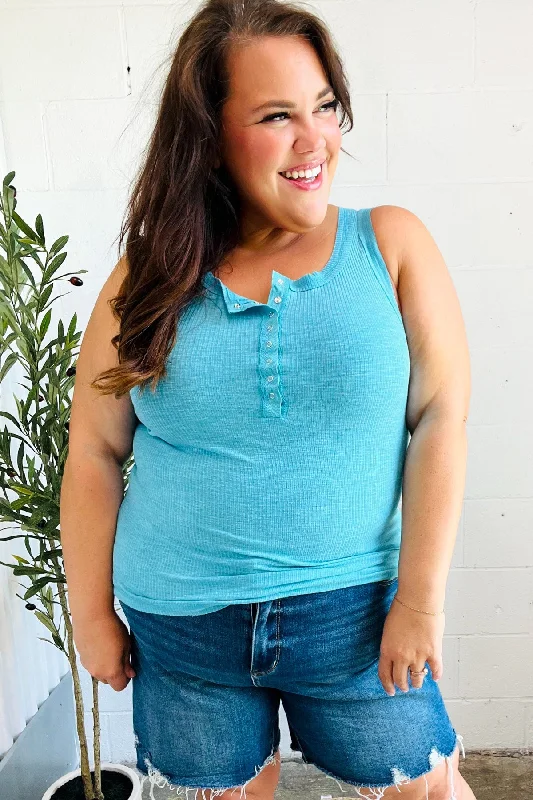 Summer Days Ice Blue Melange Ribbed Henley Button Down Tank (Open Pack) comfortable tank top