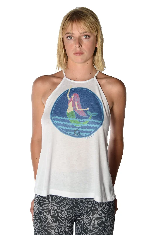 Mermaid on flowy high neck tank crossback tank top