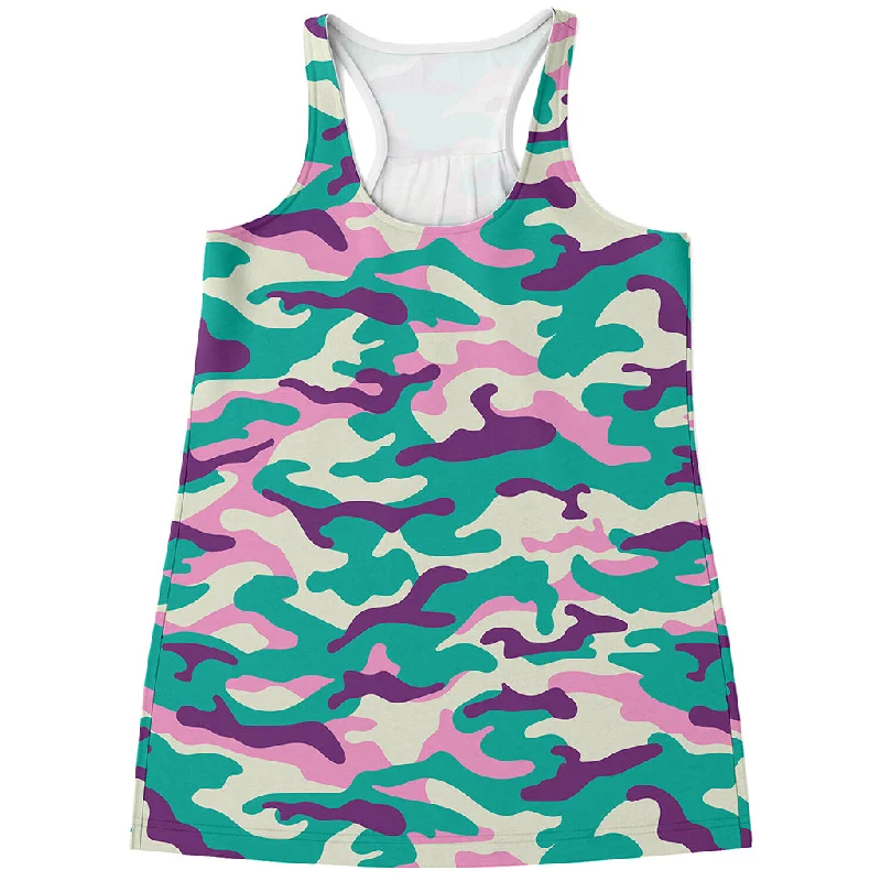 Pastel Teal And Purple Camouflage Print Women's Racerback Tank Top gold tank top
