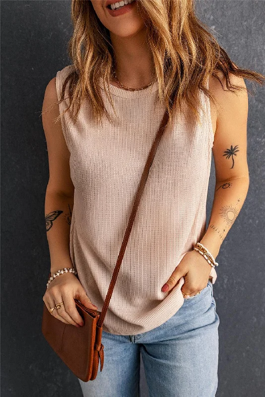 Waffle Knit Round Neck Tank playful tank top
