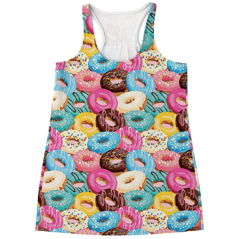 Yummy Donut Pattern Print Women's Racerback Tank Top cold shoulder tank